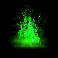 Realistic green fire flames. Poster. Abstract vector illustration
