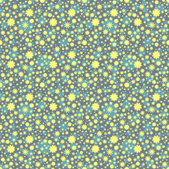 Seamless pattern with yellow, blue flowers stars dots on gray background. Vector illustration