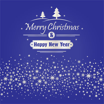 Merry Christmas and Happy New Year with white snowflakes. Holiday blue background. Decorative design for card, banner, greeting, vintage decoration. Symbol of celebration, holiday. Vector illustration