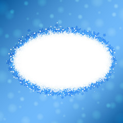 Beautiful winter oval banner with snowflakes on snowy blue background. Vector illustration.