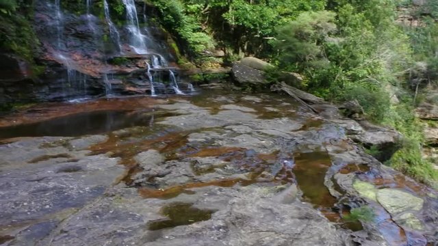 Landscape view of Katoomba Falls descending into the Jamison Valley located within the Blue Mountains National Park in the Blue Mountains region of New South Wales, Australia.