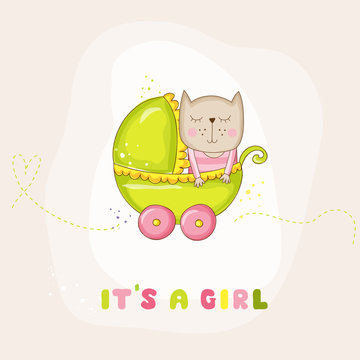 Cute Baby Girl Cat in a Carriage - Baby Shower or Arrival Card 