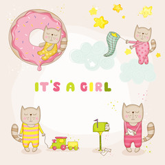 Baby Girl Cat Set - Baby Shower or Arrival Cards - in vector