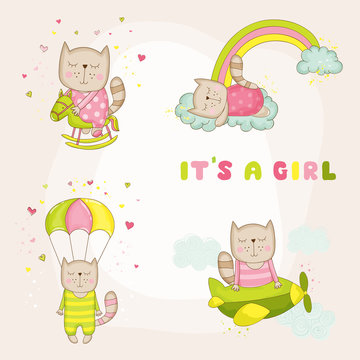 Baby Girl Cat Set - Baby Shower or Arrival Card - in vector