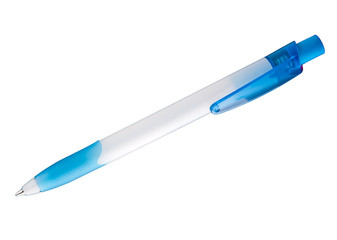 blue and white ballpoint pen isolated on a white background