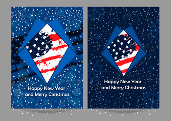 Card Happy New Year and Merry Christmas with an American flag. Congratulation to the holiday. Template, Vector illustration, snow, snowflakes, grunge USA flag. Abstract patriotic background.
