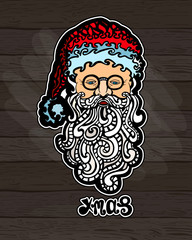 Vector Santa Claus. Wooden background. Hand drawing. Bright Christmas illustration. The decorative style. Sticker, label to print postcards, posters, bags and T-shirts.