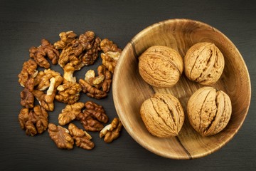 Super foods for human brain. Nuts on a wooden table. Walnuts
