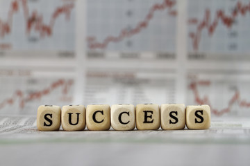 Success word built with letter cubes on newspaper background