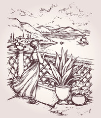 Woman on terrace. Vector drawing