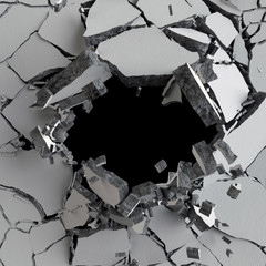 3d render, 3d illustration, explosion, cracked concrete wall, bullet hole, destruction, abstract background