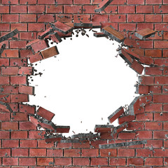 Obraz premium 3d render, 3d illustration, explosion, cracked red brick wall, b