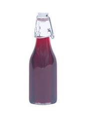Homemade raspberry liqueur in clear glass bottle with swing top isolated on white background