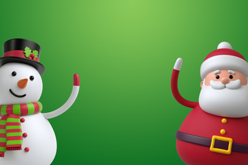 3d render, digital illustration, snowman and santa claus isolated on green background, Christmas holiday poster