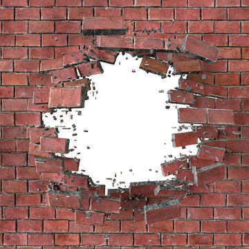 3d render, 3d illustration, explosion, cracked red brick wall, b