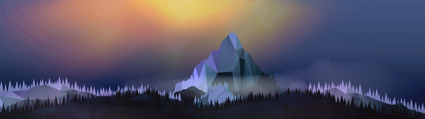 Mountains Landscape with Northern Aurora Panorama - Vector Illus