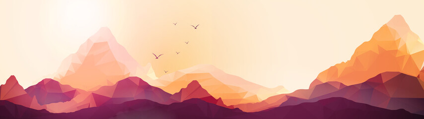 Geometric Mountain and Sunset Background Panorama - Vector Illus - obrazy, fototapety, plakaty