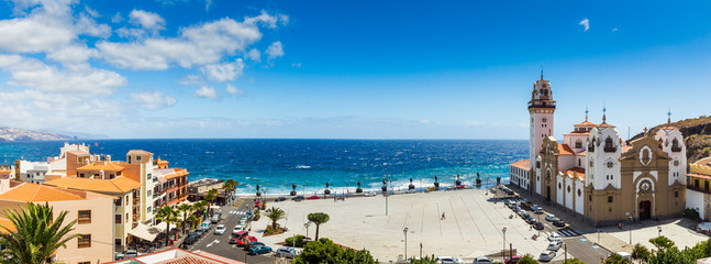 Panorama of Candelaria major square, a famous touristic town in Tenerife and Basilica Catholic church on the right, Candelaria. Tenerife. Canary islands. Spain © daliu