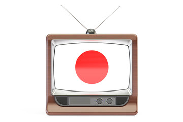 Old TV set with flag of Japan. Television concept, 3D rendering