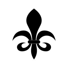 The fleur-de-lis or flower-de-luce sign of lily used as decorative design or symbol in heraldry. Simple elegant flat vector black illustration on white background. © pyty