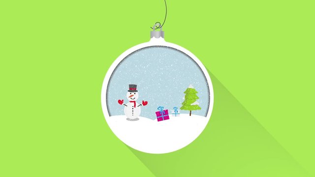 snow globe with snowman xmas gift and tree. Nevar Snowflake . Christmas ball animaton flat 2d  isolated background