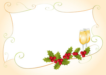 Christmas frame with holly and champagne