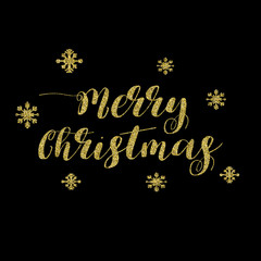 Fototapeta na wymiar Merry Christmas Lettering Design. Golden glitter effect, isolated on black background. Ideal for festive design, Christmas postcards. Vector illustration.