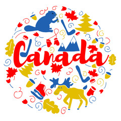 Canada Landmark Travel and Journey Infographic Vector Design. Canada country design template. Template for souvenir Greeting Card, cup, t-shirt, notebook.