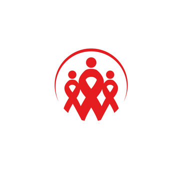 Isolated red ribbons disease awareness. Round shape human silhouettes logo. World Aids Day concept. Stop virus icon. International support campaign for sick people. Vector illustration.