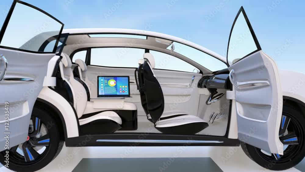 Aufkleber autonomous car interior design. concept for new business work style when moving on the road. 3d rend