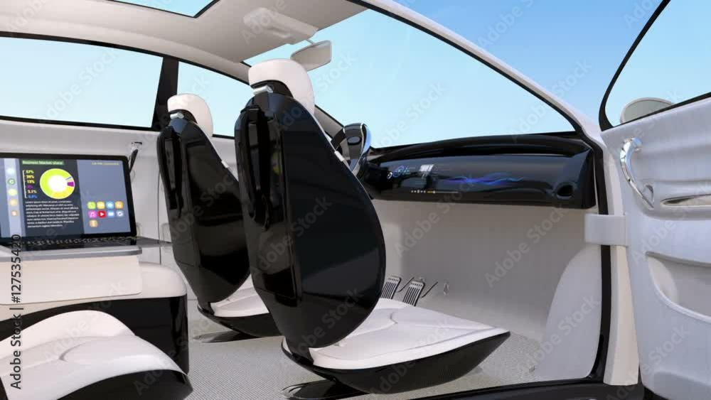 Poster autonomous car interior design. concept for new business work style when moving on the road. 3d rend