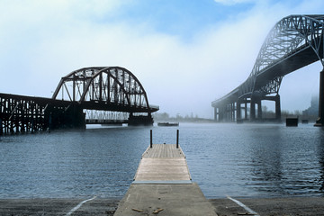 Bridges and dock in the fog in Duluth, Minnesota