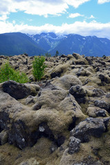Rocks and mountains in Nisga'a Memorial Lava Bed, British Columbia, Canada