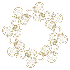 Abstract curly round gold frame isolated on white background. Circle wavy hand drawn  design element. Vector illustration.