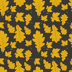 Naklejka na ściany i meble Floral seamless pattern with yellow maple and oak leaves on dark brown. Autumn background with grunge gold foliage petals for wrapping paper. Vector illustration.
