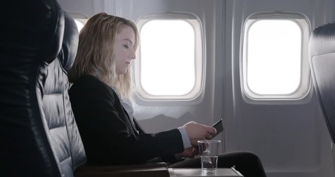 Business woman using a mobile tablet computer in first class section of commercial airliner.  Medium shot from side, hand held recorded at 60fps