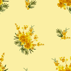 Seamless pattern with mimosa on a yellow background, watercolor