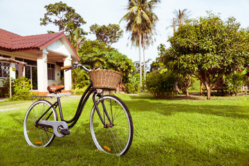 Fototapeta premium Old vintage bicycle on a green yard near the house. Summer sun.