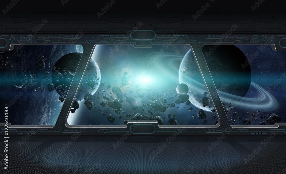 Poster view of outer space from the window of a space station 3d render