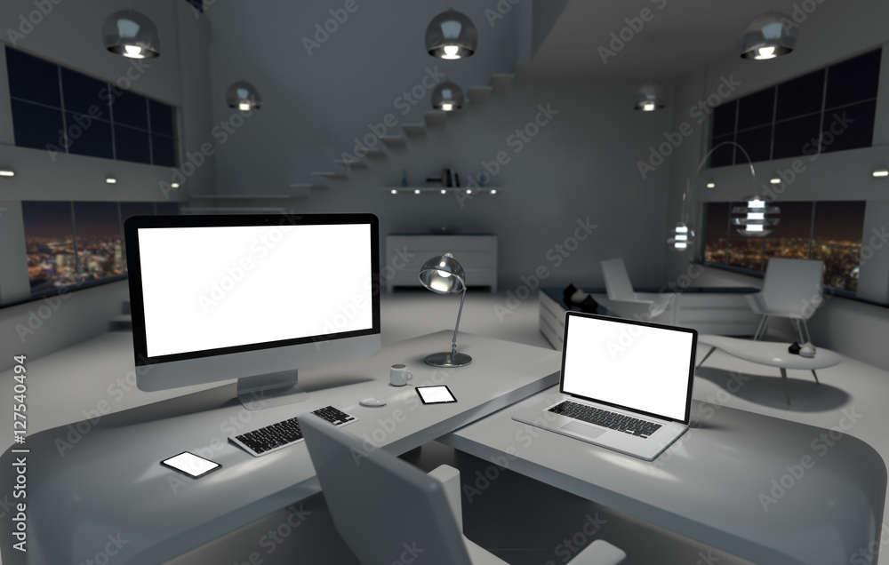 Poster modern dark desk office interior with computer and devices 3d re