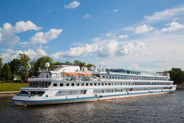 Passenger ship stands near the town of Uglich in  Russia