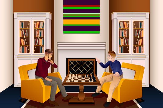 Two Men Playing Chess in the Living Room