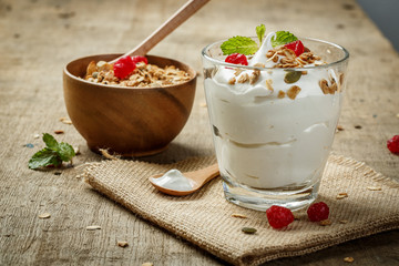 Homemade yogurt with granola, dried fruit and nuts bio - most he