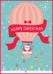 Illustration vector santa claus in balloon for merry christmas and happy new year party with gift and candy on snow background.