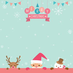 Santa claus, reindeer and snowman, peek on Christmas party.