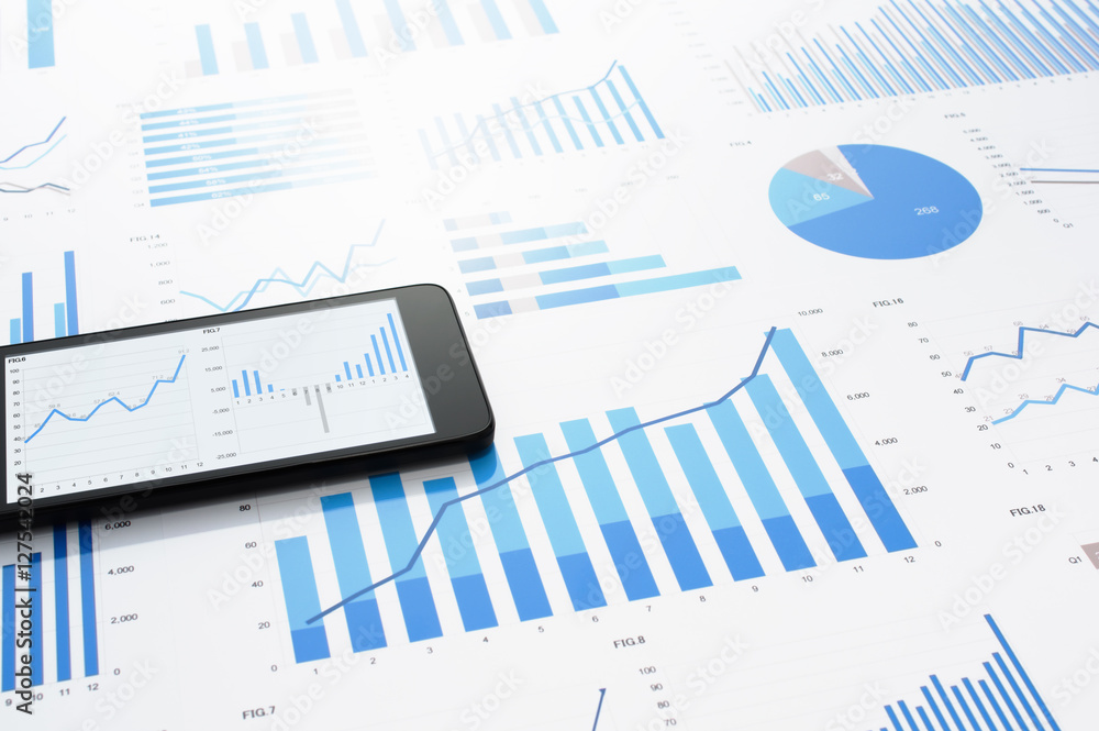 Poster Many charts and graphs. Concept image of data gathering. Accounting data and smart phone on gray reflection background. 
