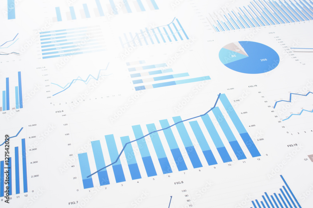 Poster Many charts and graphs. Reflection light and flare. Concept image of data gathering and statistical working.
