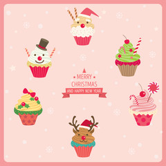Various Cupcakes decorated with christmas ornaments for Christmas and new year party.