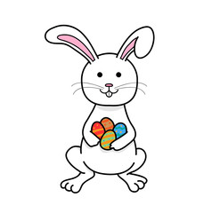 Thanksgiving Easter Bunny Rabbit. A hand drawn vector cartoon illustration of a white Easter Bunny holding colorful eggs.