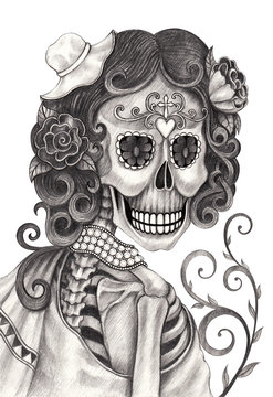 Skull art day of the dead.Art design women skull action smiley face day of the dead festival hand pencil drawing on paper.